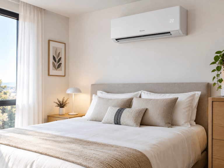 Instalación de aire acondicionado pequeño tipo split en un dormitorio